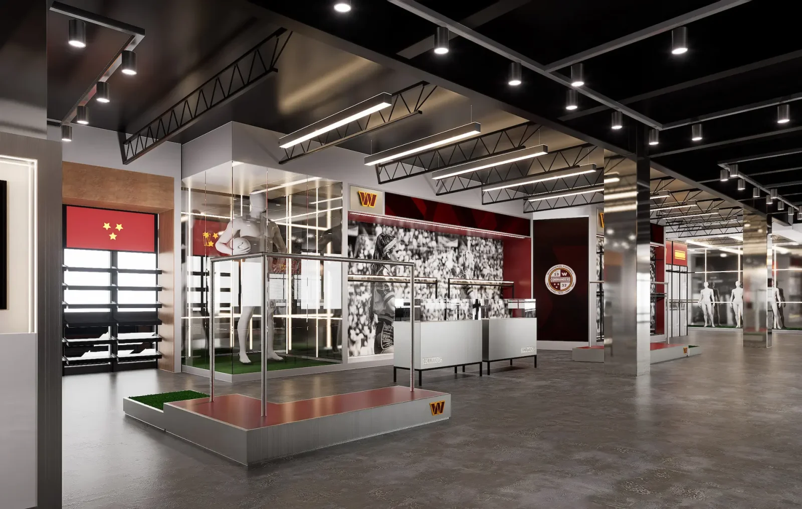 Interior of a Washington Commanders team store with mannequins, sports displays, merchandise counters, and team branding.