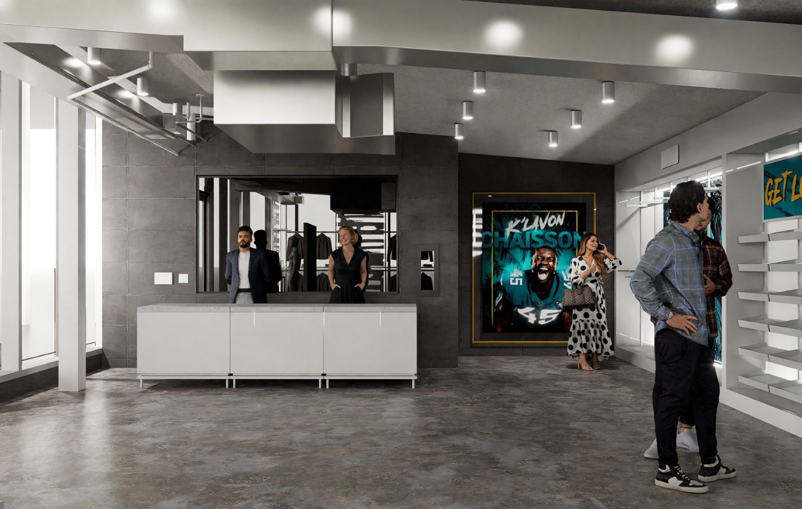 Interior of a Jacksonville Jaguars team store with apparel displays, shoppers, and a framed K'Lavon Chaisson football poster.