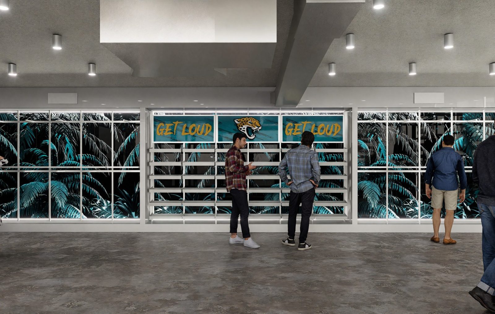Interior of a Jacksonville Jaguars store featuring a jaguar logo and “GET LOUD” signs, with shoppers viewing the displays.