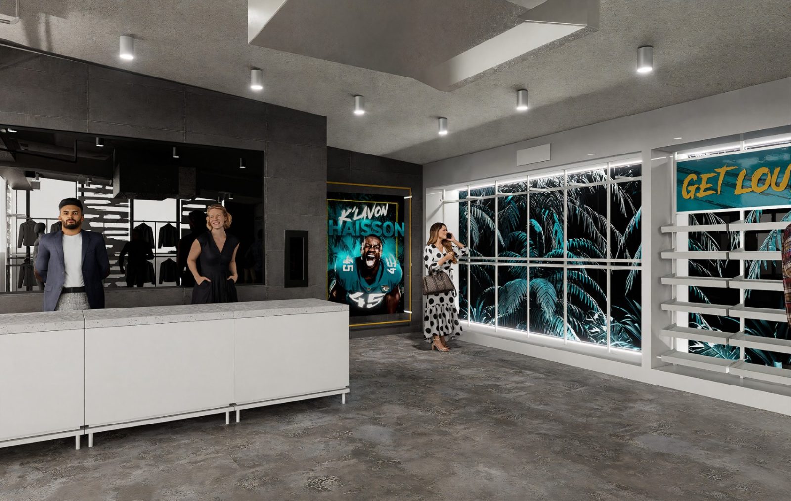 Interior of a Jacksonville Jaguars team store with apparel displays, a player poster, reception counter, and shoppers