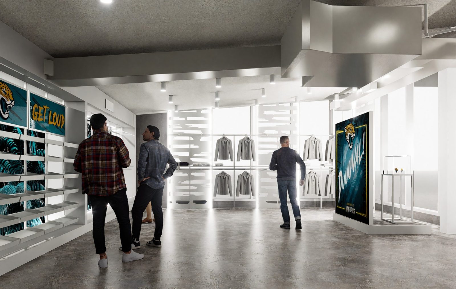 Jacksonville Jaguars team store interior with shoppers, apparel displays, and Jaguars graphics.