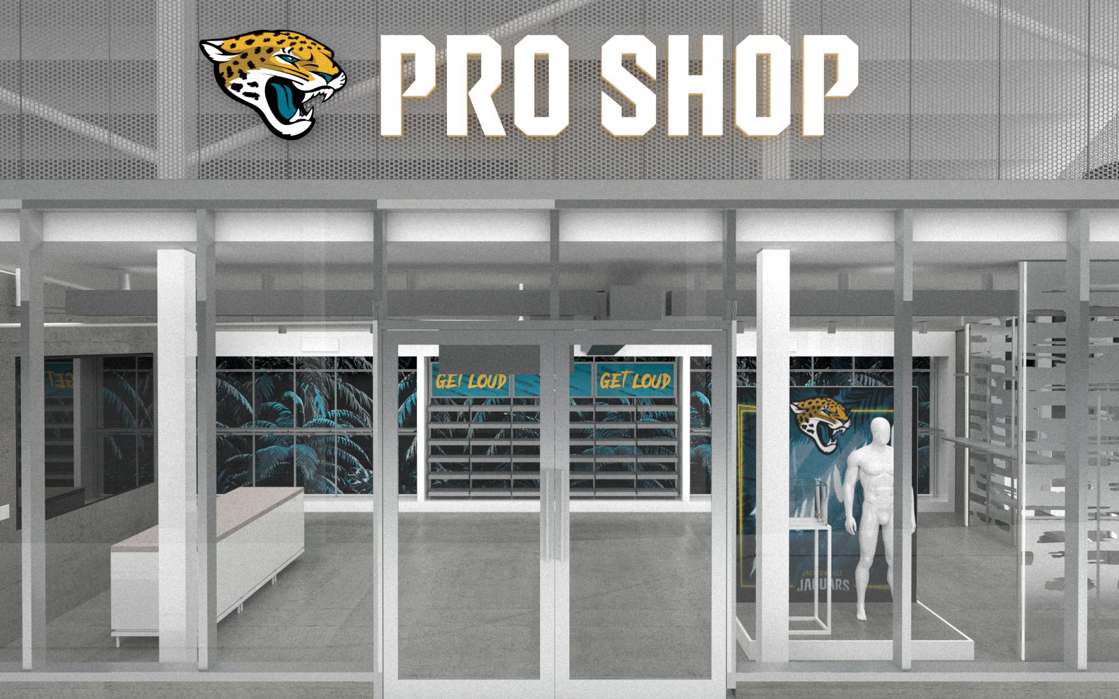 Jacksonville Jaguars Pro Shop storefront with team logos and “GET LOUD” displays
