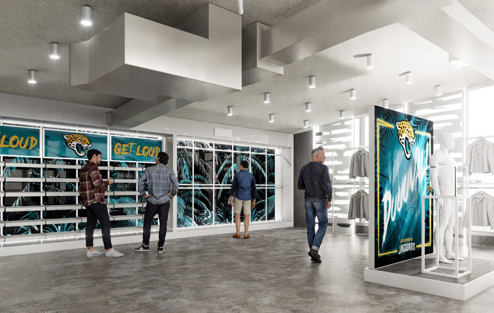 Interior of a Jacksonville Jaguars team store with merchandise displays, mannequins, and Jaguars branding.