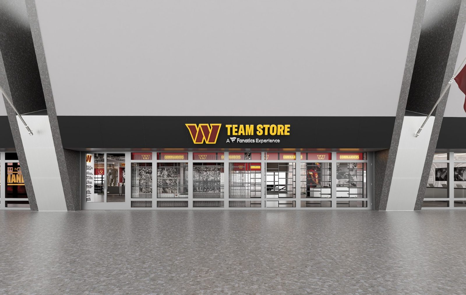 Washington Commanders Team Store entrance with team branding and Fanatics Experience sign