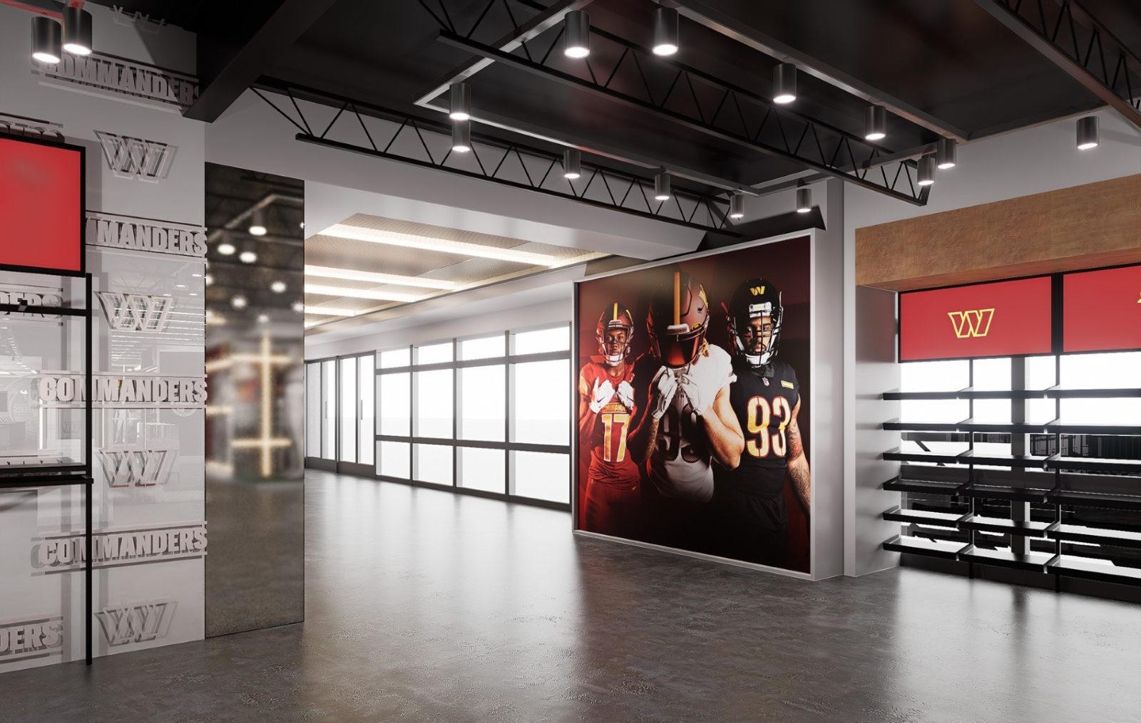 Washington Commanders team store interior with branded displays, merchandise shelving, and a mural of football players.