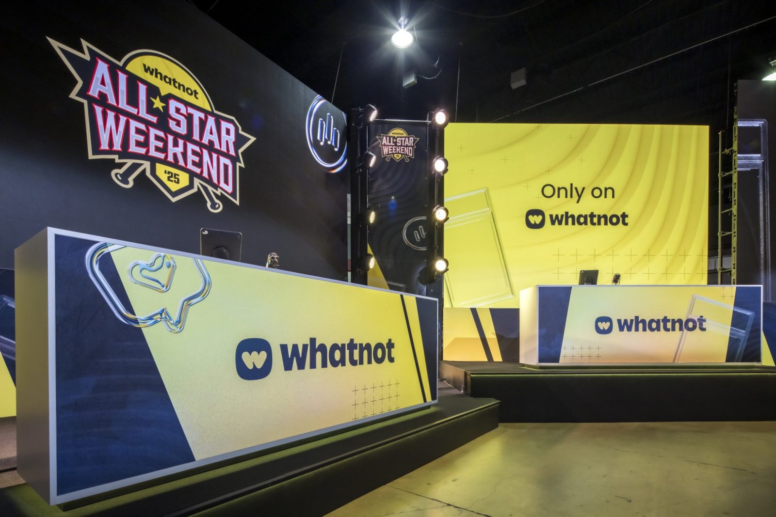 Whatnot All-Star Weekend ’25 stage with branded podiums and a screen reading “Only on whatnot.”