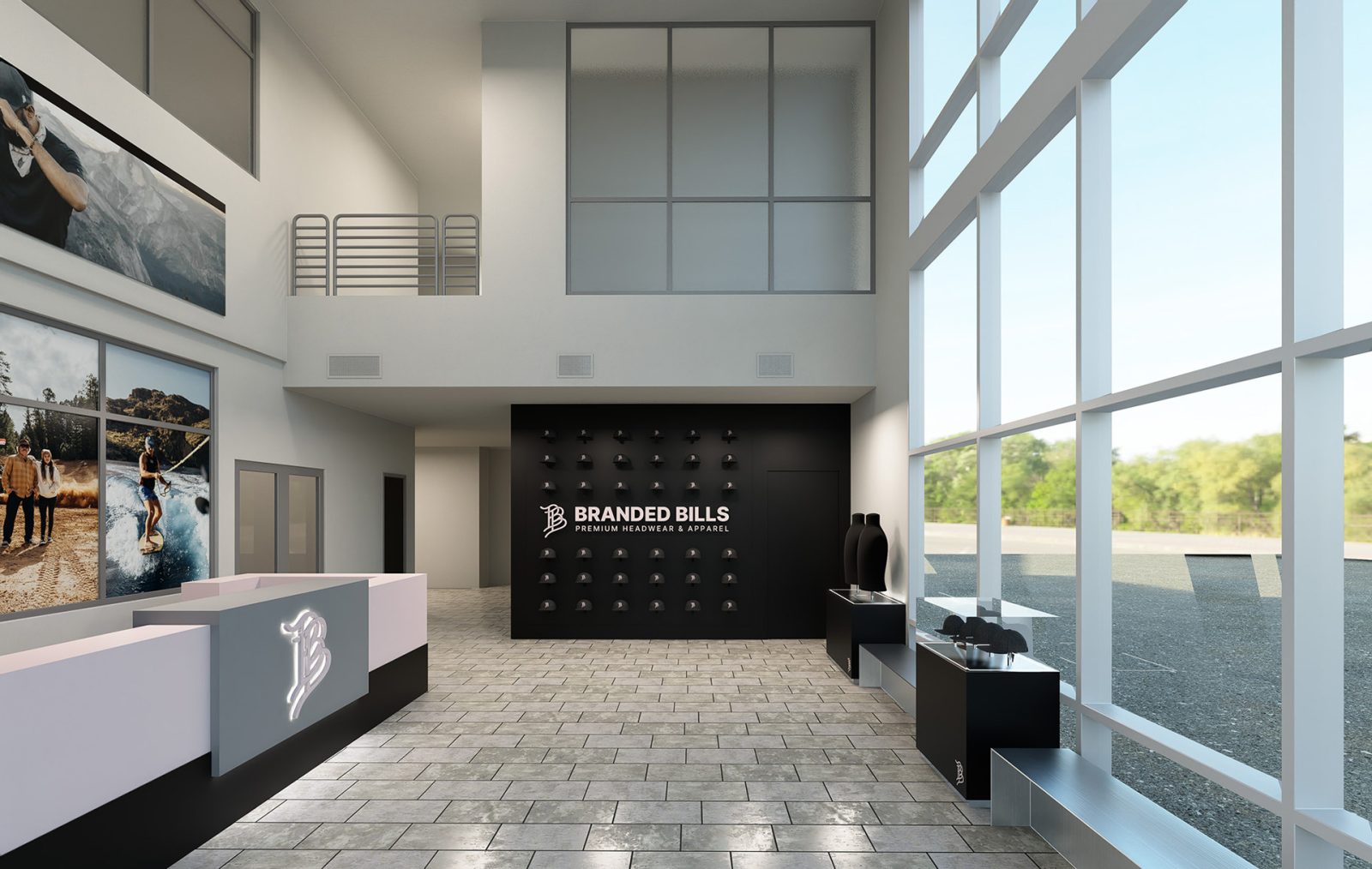 Branded Bills showroom interior with hats displayed on a black wall, apparel mannequins, counters, and large windows.