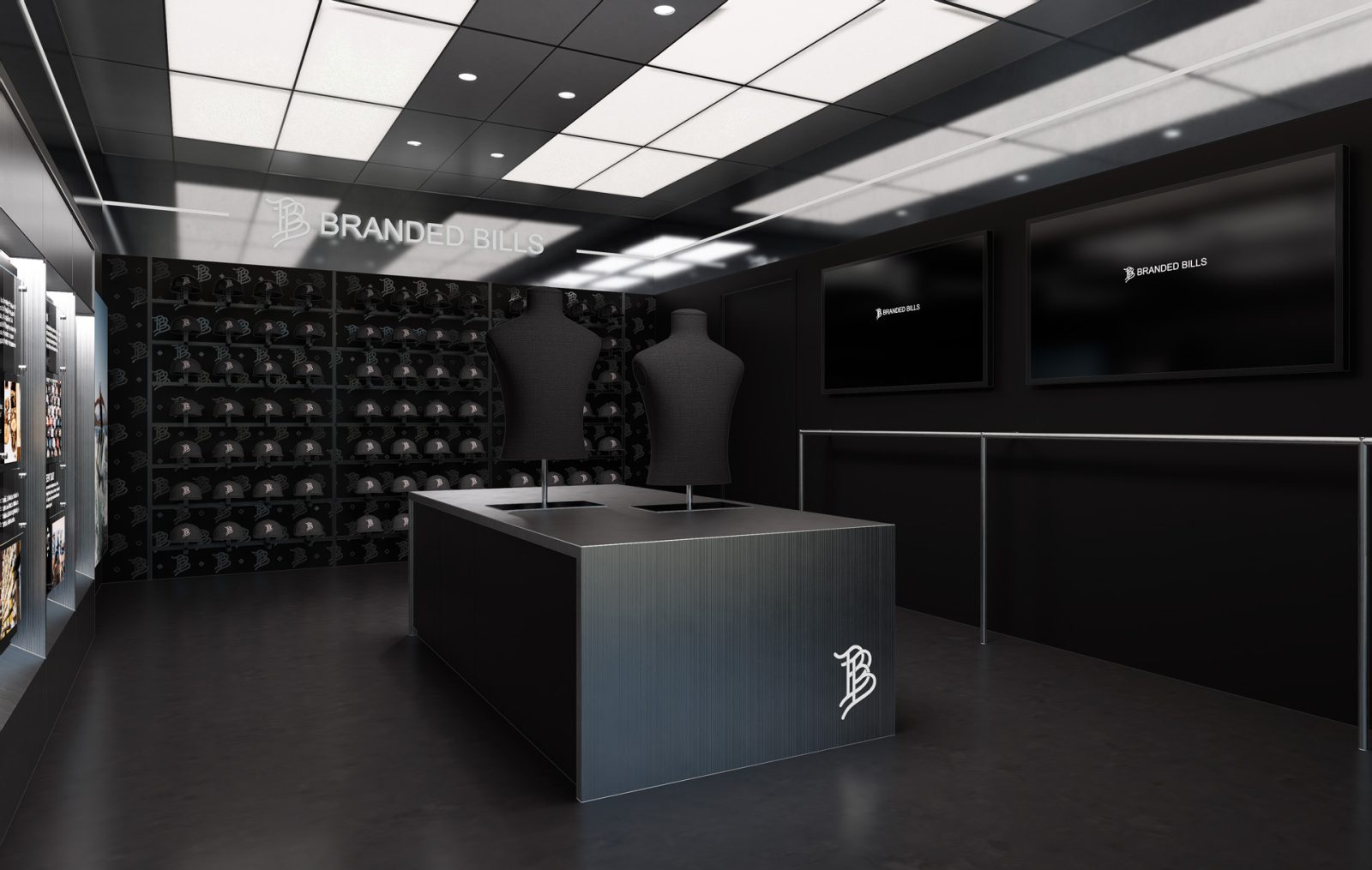 Branded Bills showroom interior with rows of caps, two mannequin displays, and a central branded retail counter