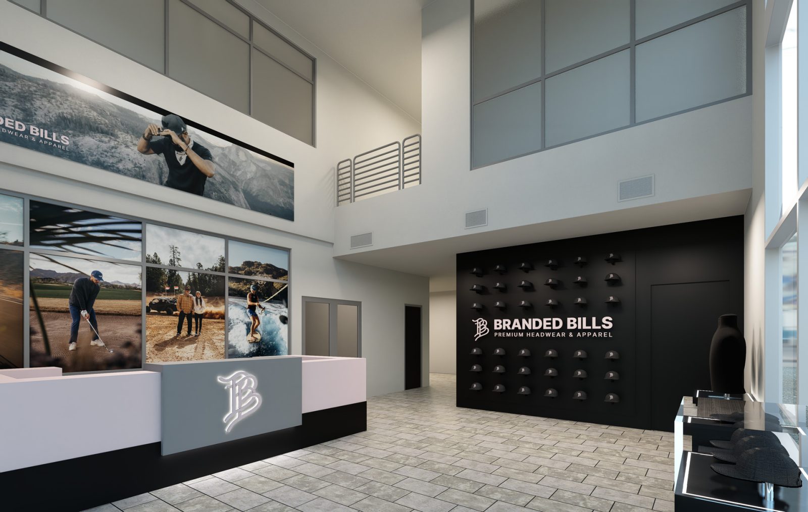 Branded Bills showroom interior with displays of caps, illuminated logo reception desk, and lifestyle photography