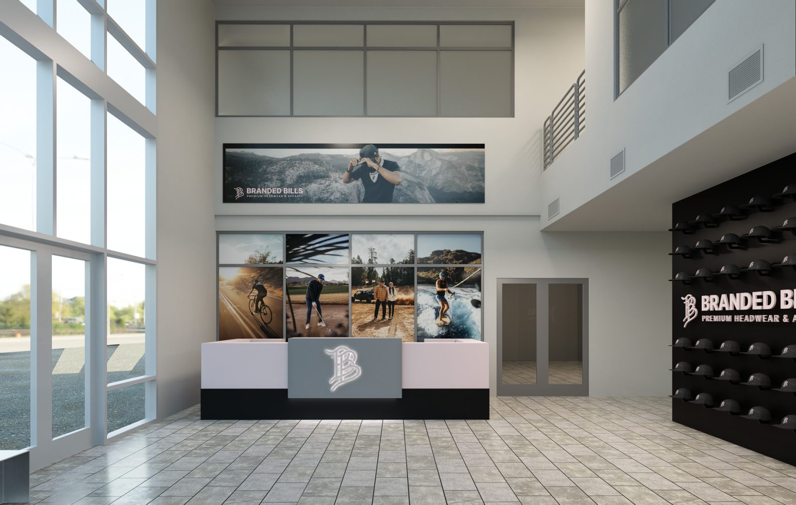 Branded Bills showroom interior with a reception desk, wall displays of caps, brand signage, and lifestyle photography.
