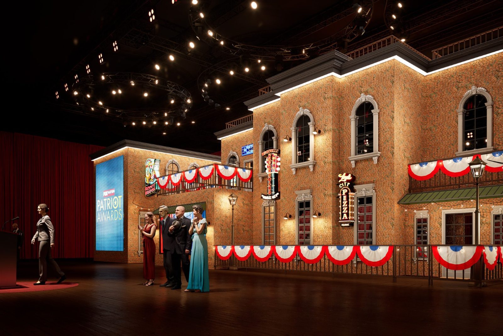 Theatrical stage set with brick storefronts, patriotic bunting, a Patriot Awards sign, and four formally dressed figures.