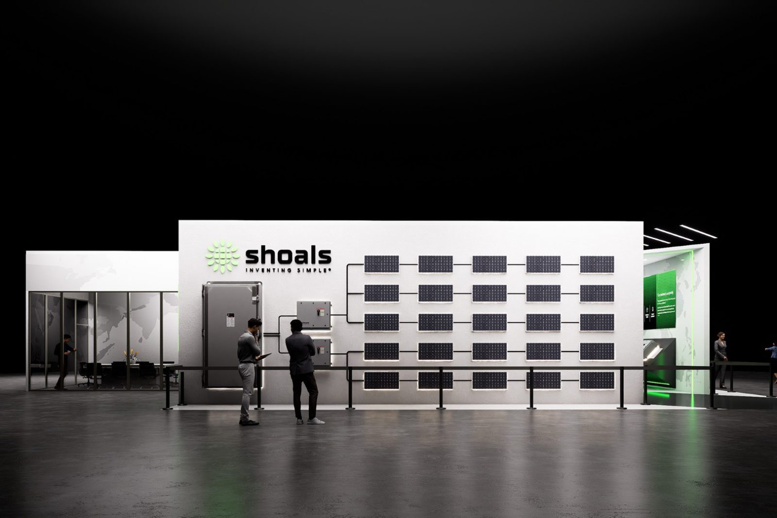 Shoals trade show exhibit displaying rows of solar panels and electrical equipment, with two attendees in front.