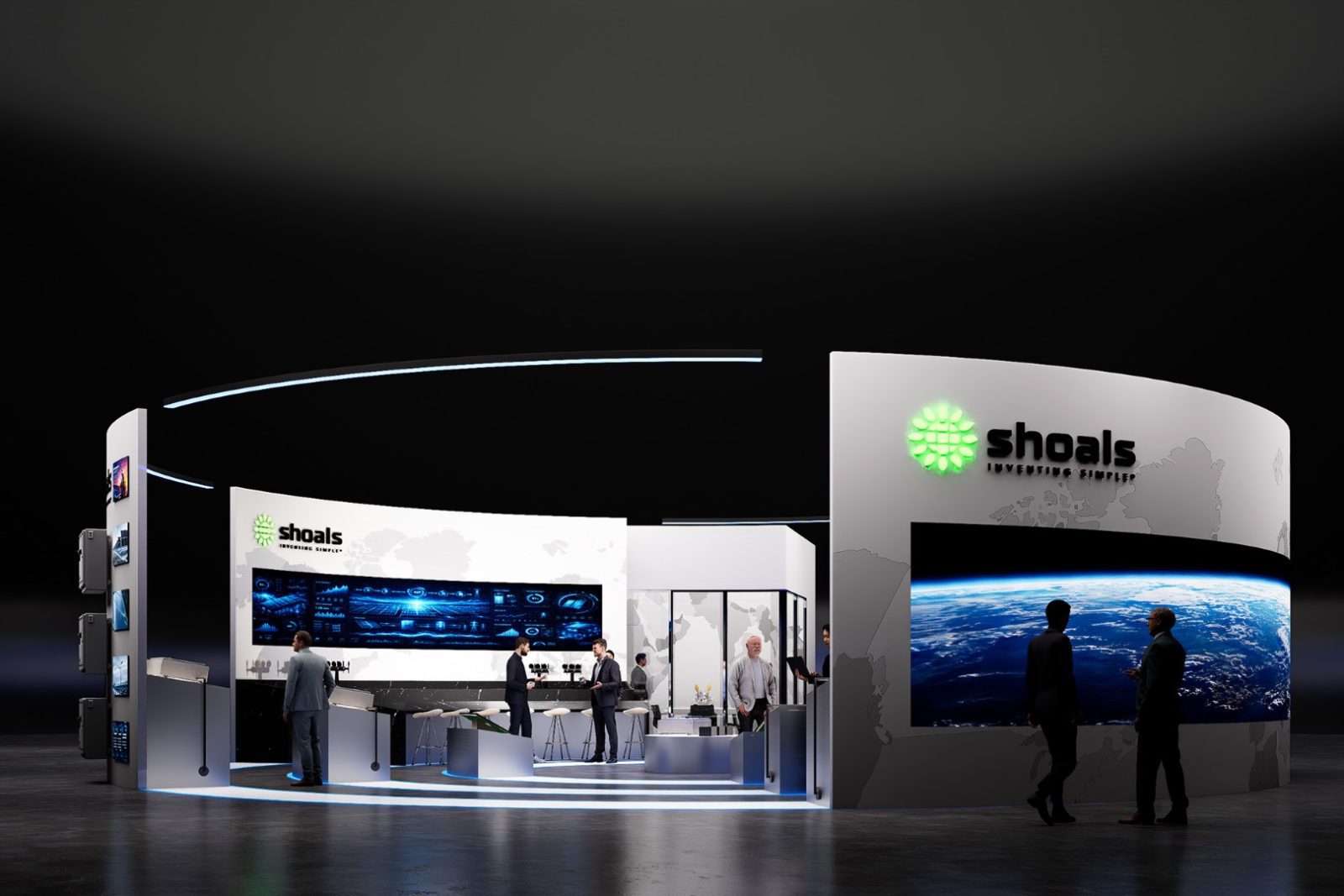 Shoals Investing Group trade show booth with digital displays and visitors