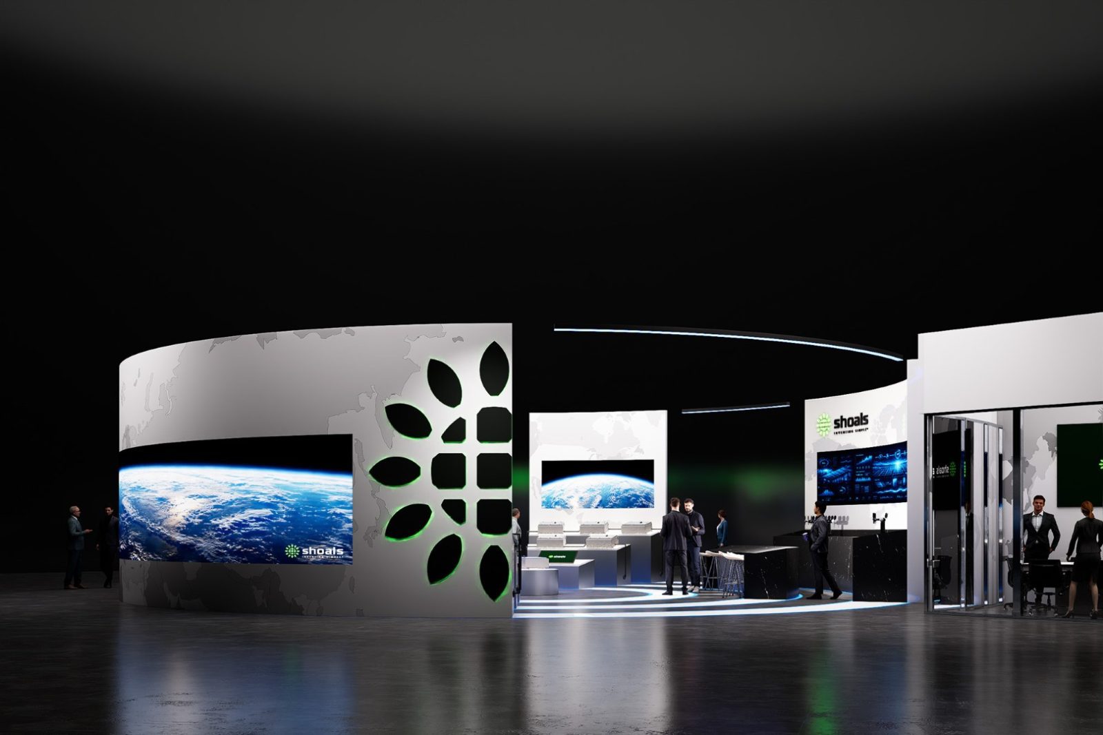 Shoals exhibition booth with Earth displays and visitors in a dark trade show hall