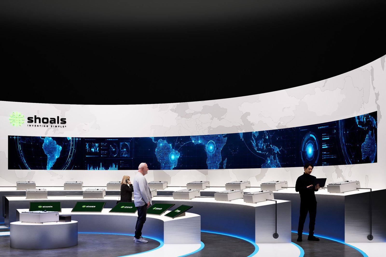 Shoals tradeshow exhibit with product displays, a digital world map, and visitors in the booth