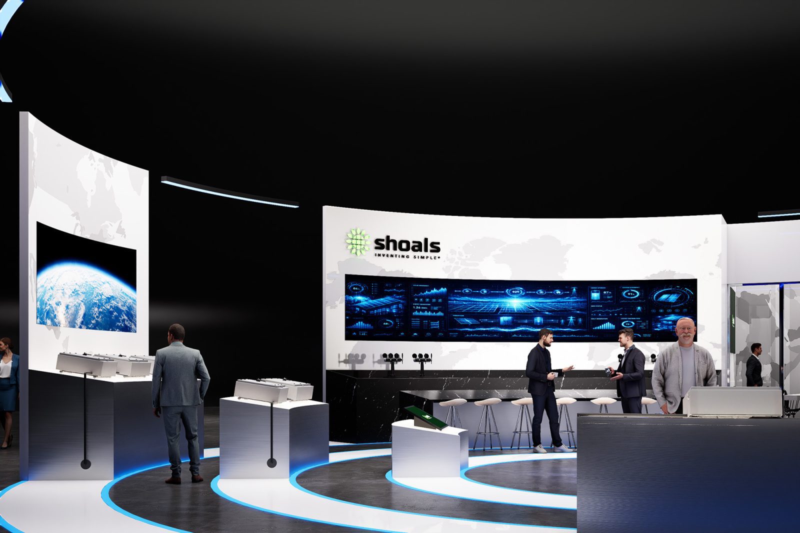 Shoals exhibition booth with branded displays, product pedestals, digital screens, and visitors in conversation