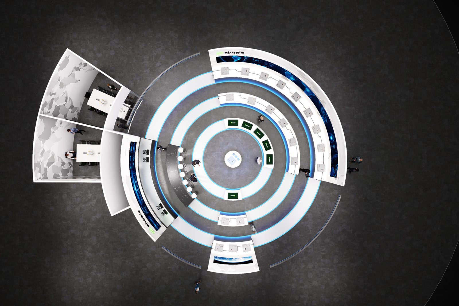 Overhead view of a circular Shoals trade show booth with display counters, screens, and visitors