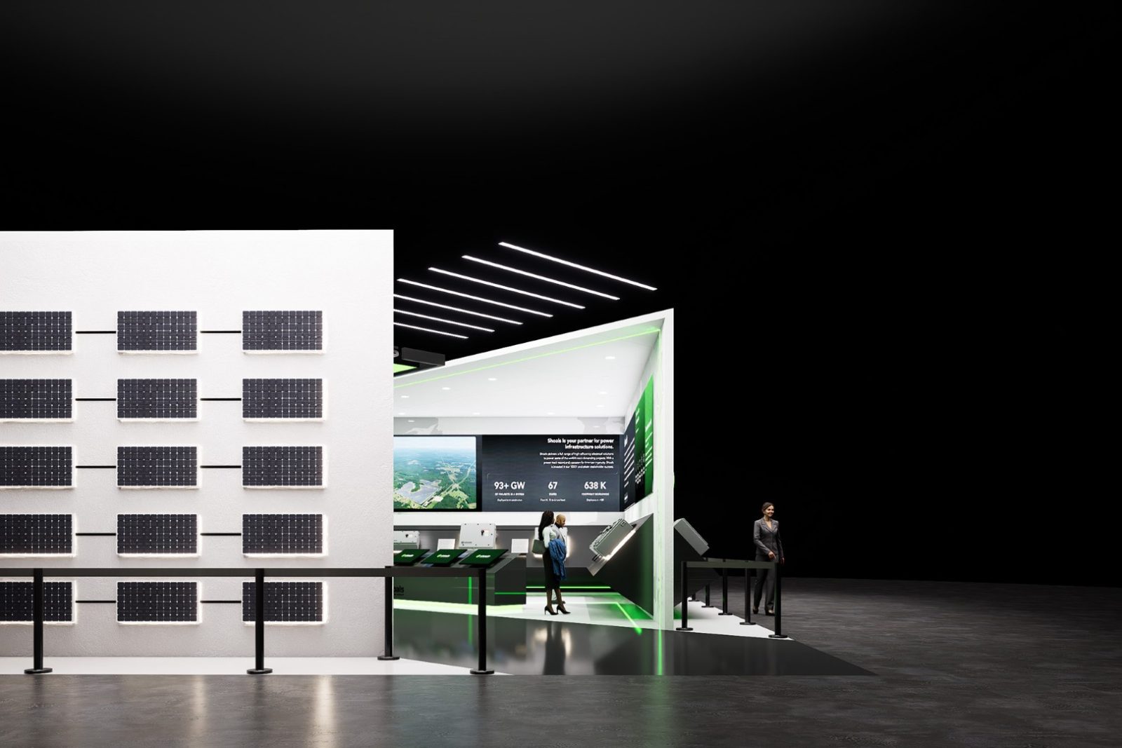 Shoals trade show exhibit featuring rows of solar panels, energy infrastructure displays, and visitors in a modern booth