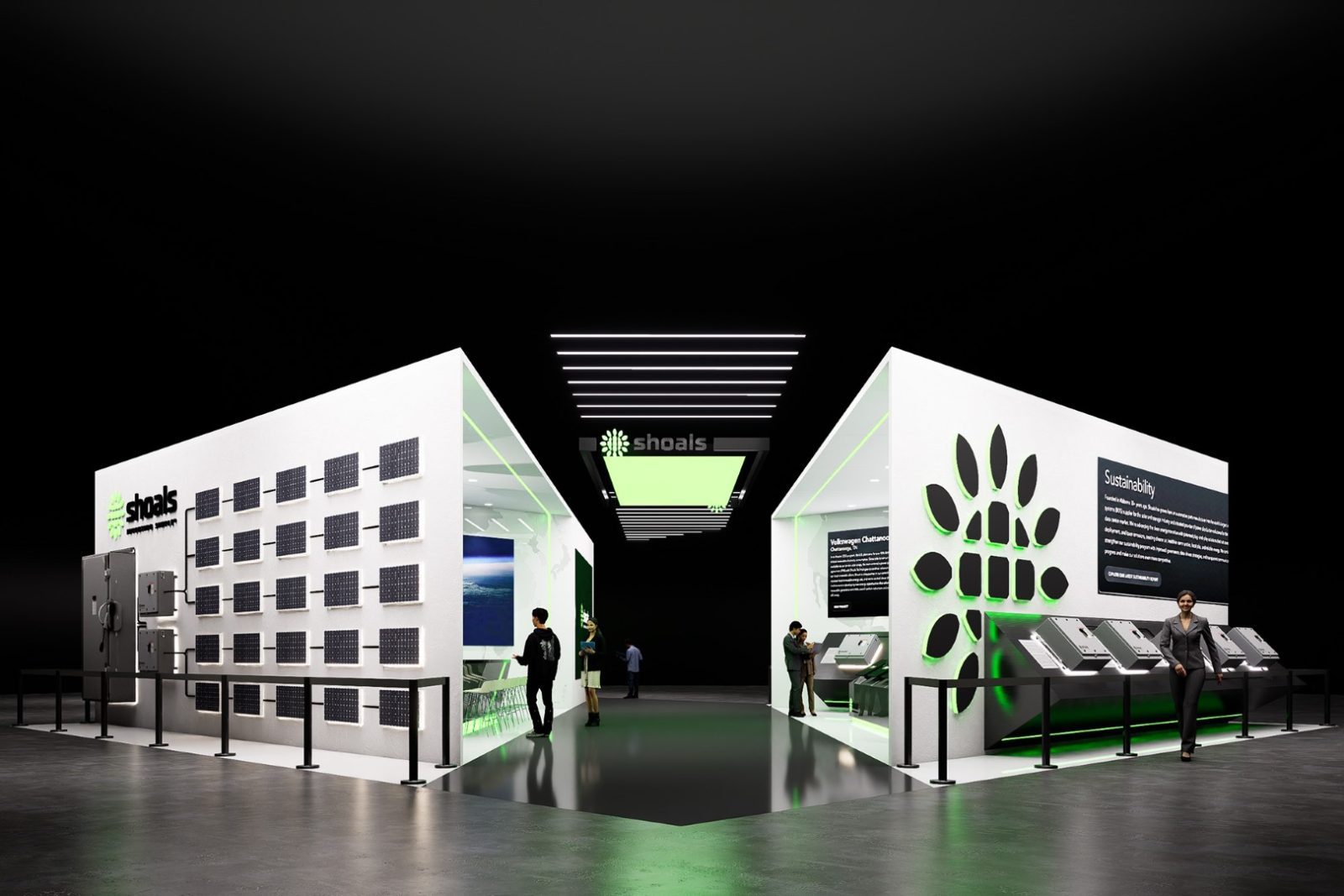 Shoals trade show exhibit featuring solar panels, equipment displays, and sustainability information.