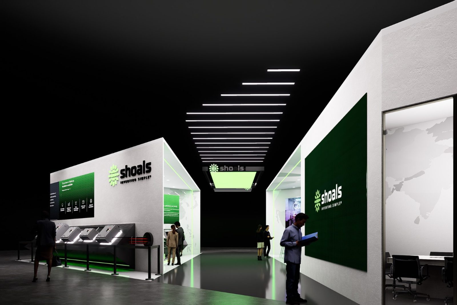 Shoals trade show booth with product displays, branded walls, illuminated aisles, and visitors.