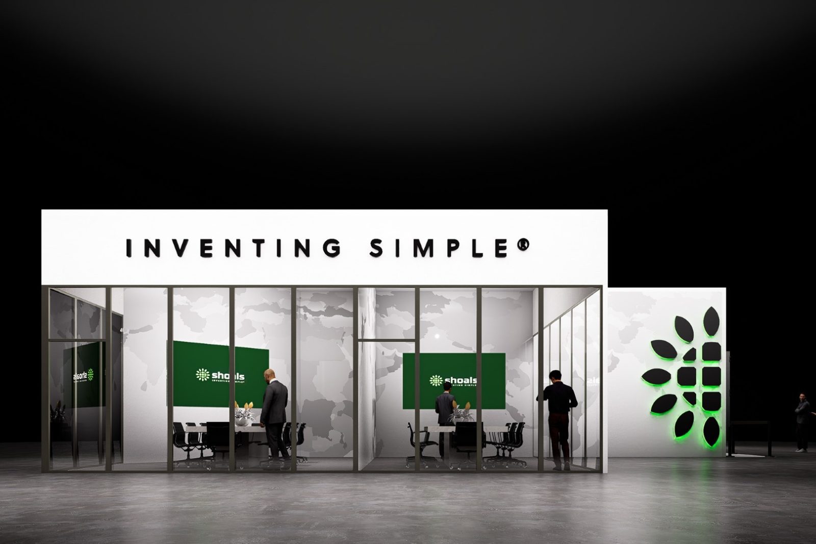 Shoals trade show booth with glass meeting rooms, world map graphics, and an illuminated logo wall beneath the text “Inventing Simple.”