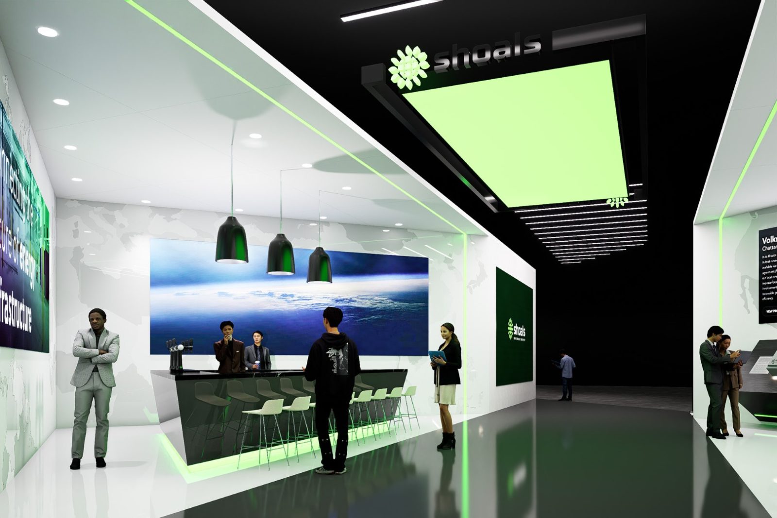 Futuristic Shoals tradeshow booth with a reception bar, seating, digital displays, and visitors.