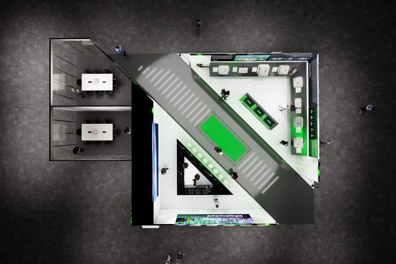 Aerial view of a trade show booth displaying electrical outlets, switches, and control products.