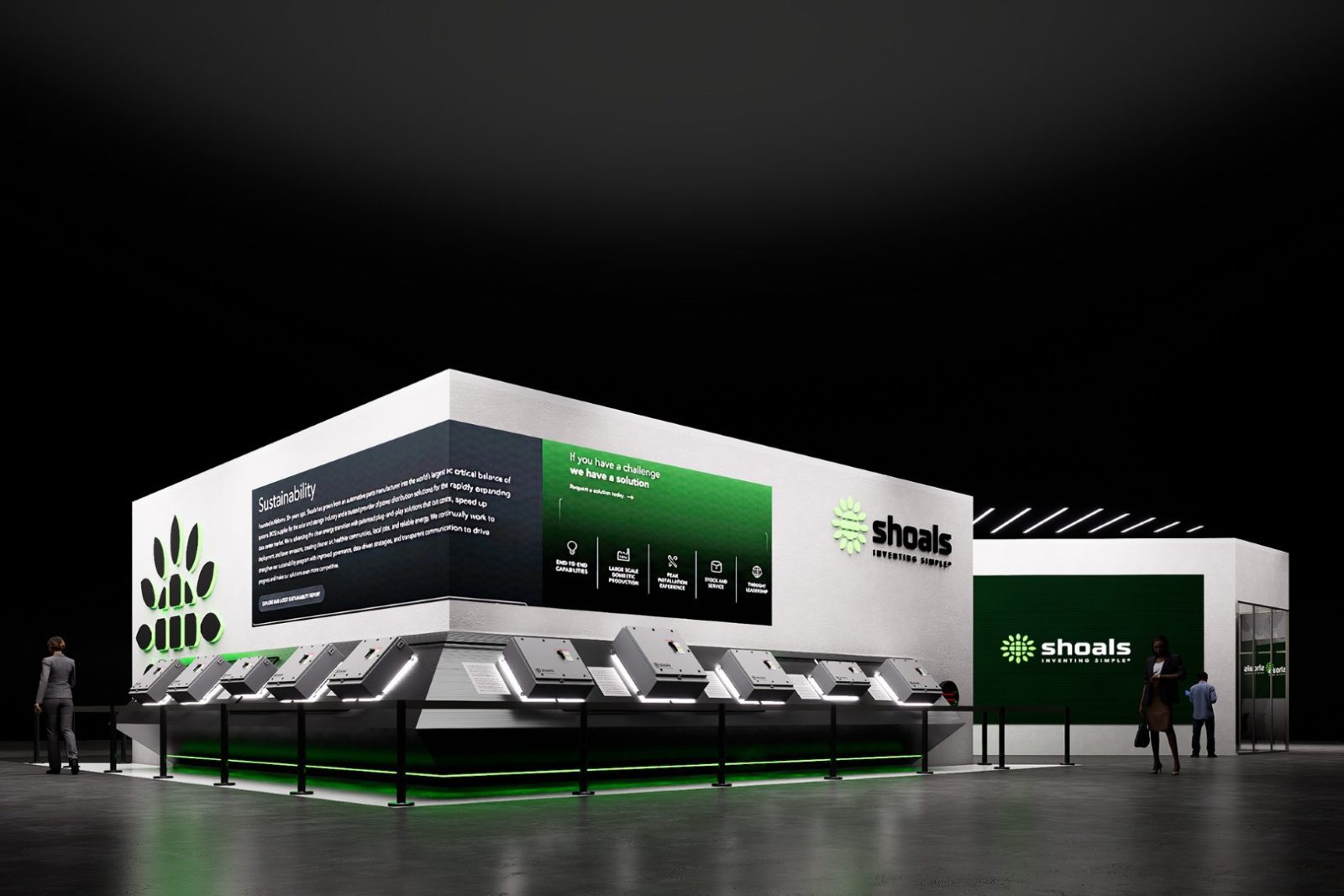 Shoals trade show booth featuring sustainability messaging, product displays, and green branding.