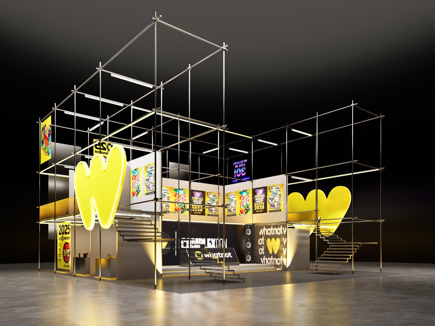 Architectural rendering of a Whatnot booth at ComplexCon with yellow heart-shaped signage, display panels, stairs, and scaffolding