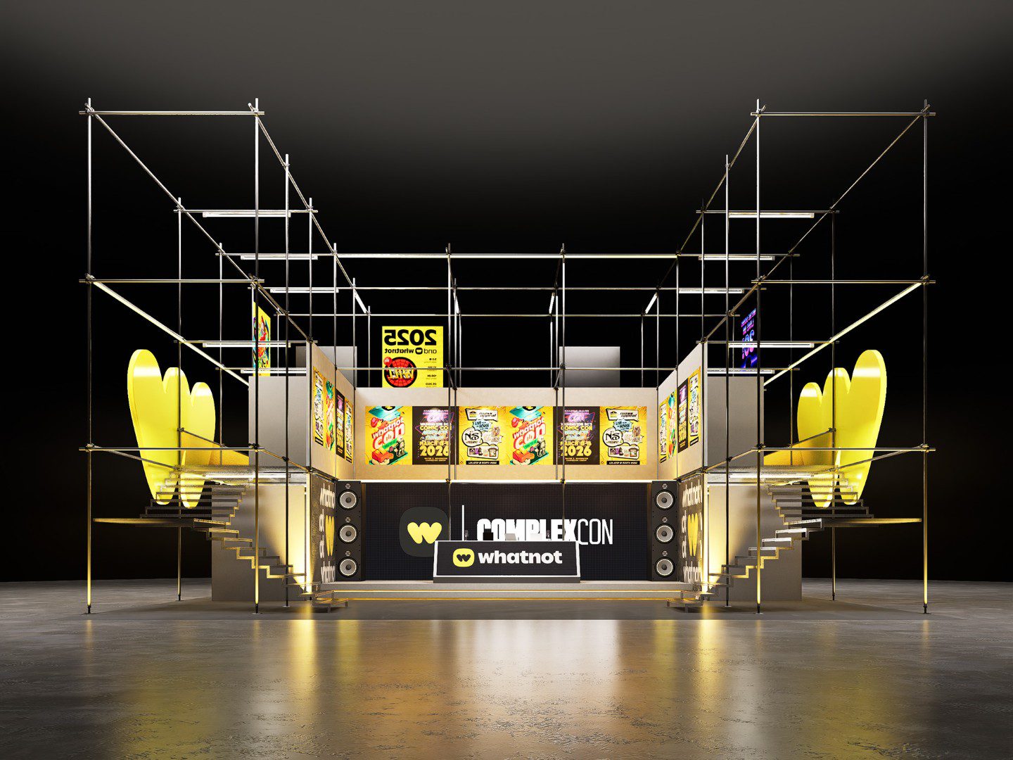 Whatnot ComplexCon booth display with illuminated yellow heart shapes, stairs, speakers, and colorful event posters.