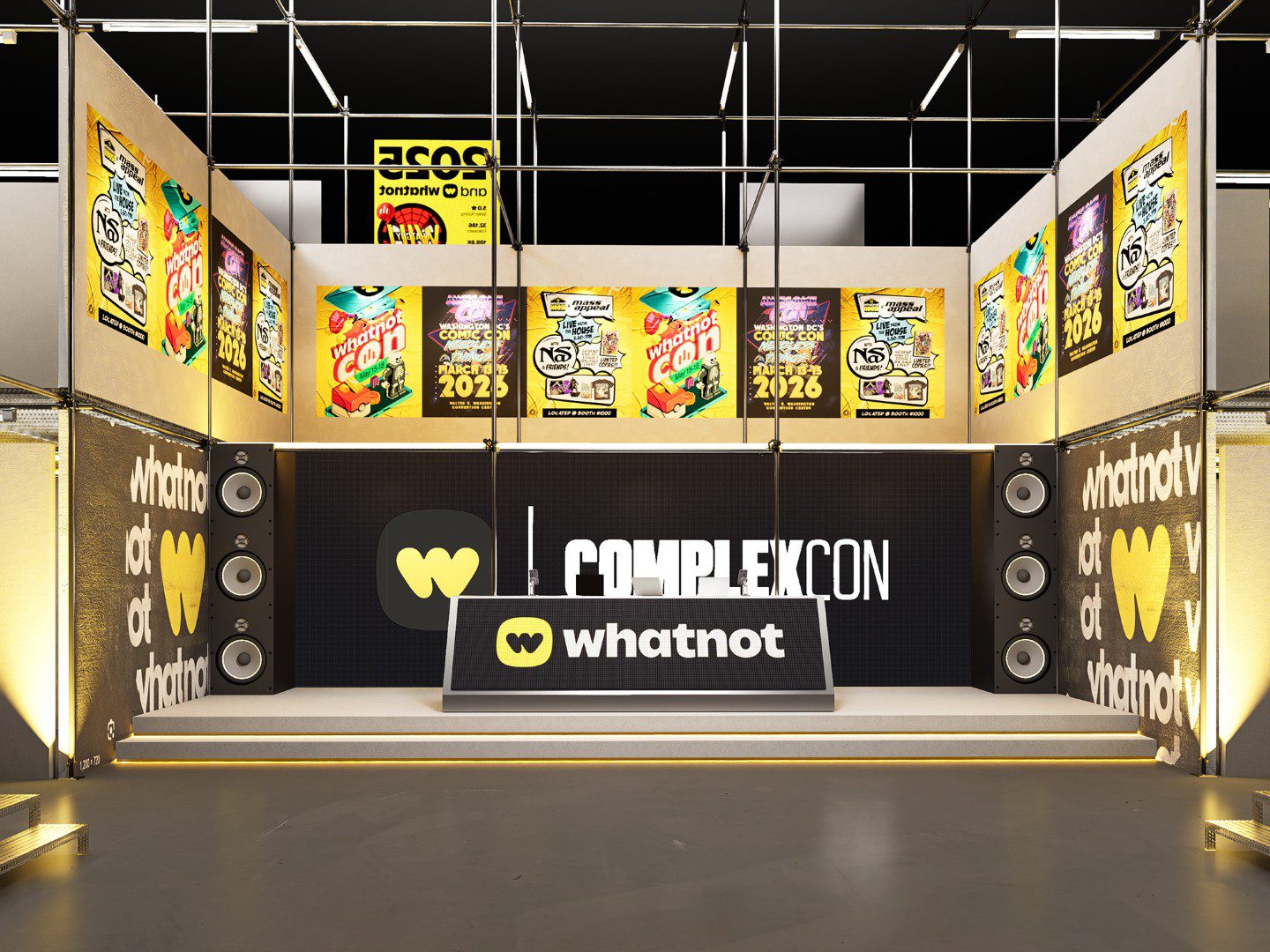Whatnot-branded ComplexCon stage with speakers, yellow promotional posters, and a central Whatnot sign