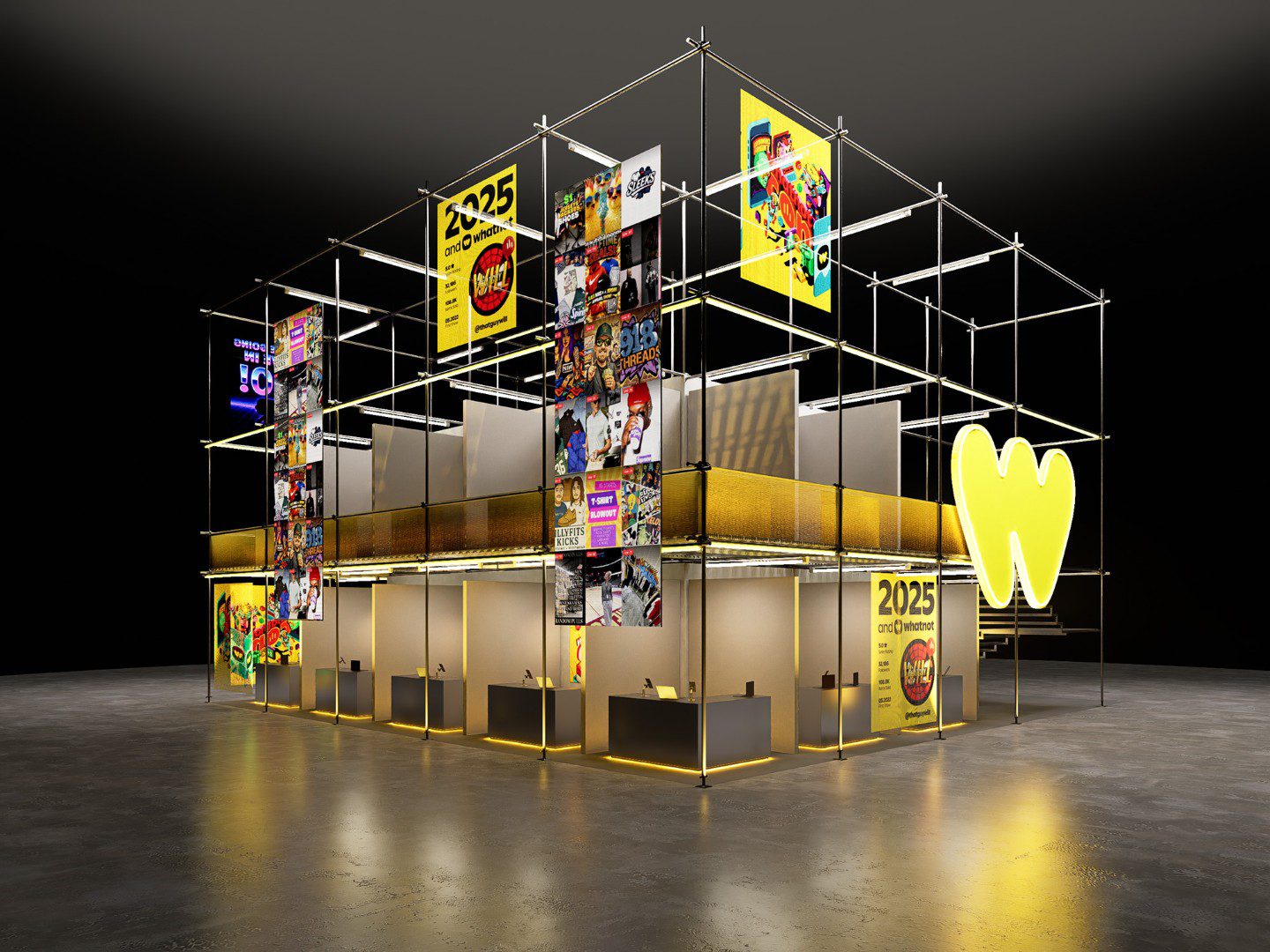 Whatnot 2025 exhibition booth with illuminated yellow branding, graphic banners, and display counters