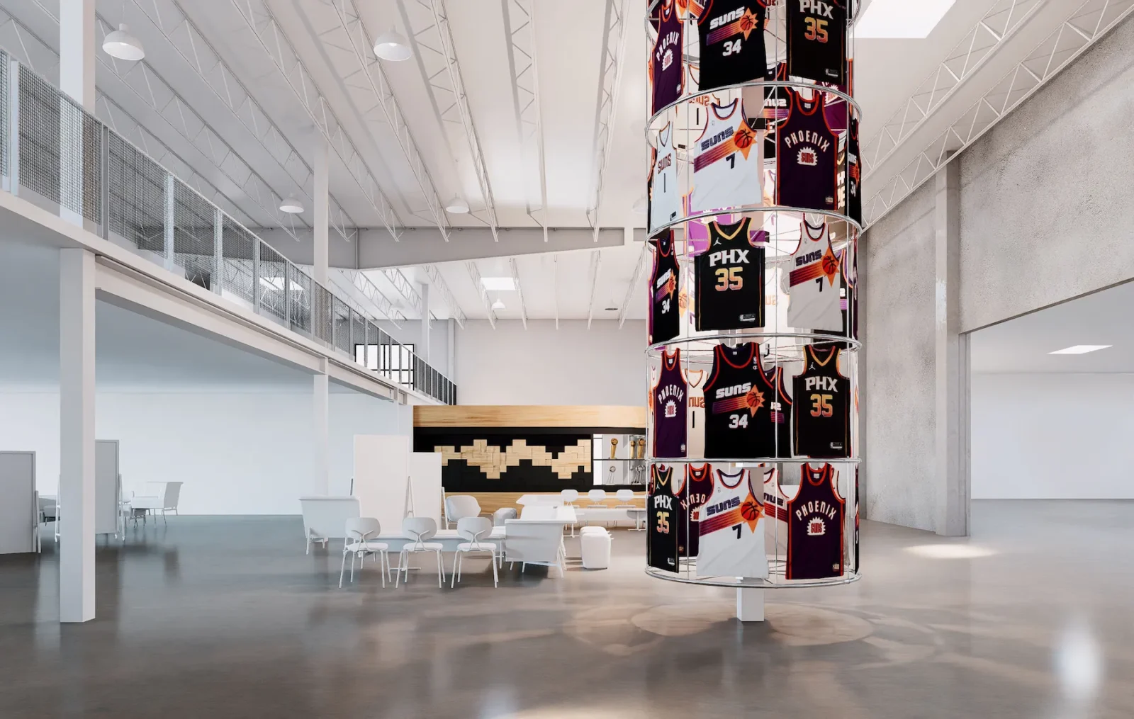 Tower displaying Phoenix Suns basketball jerseys in a bright modern interior