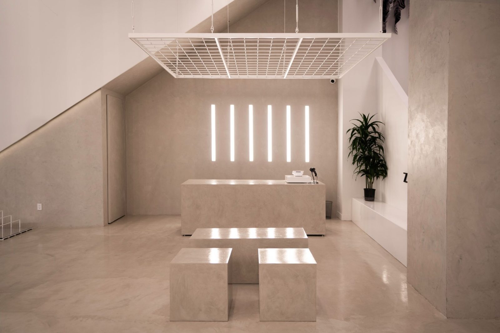 Minimalist store interior with a reception counter, geometric seating, vertical wall lights, and a potted plant