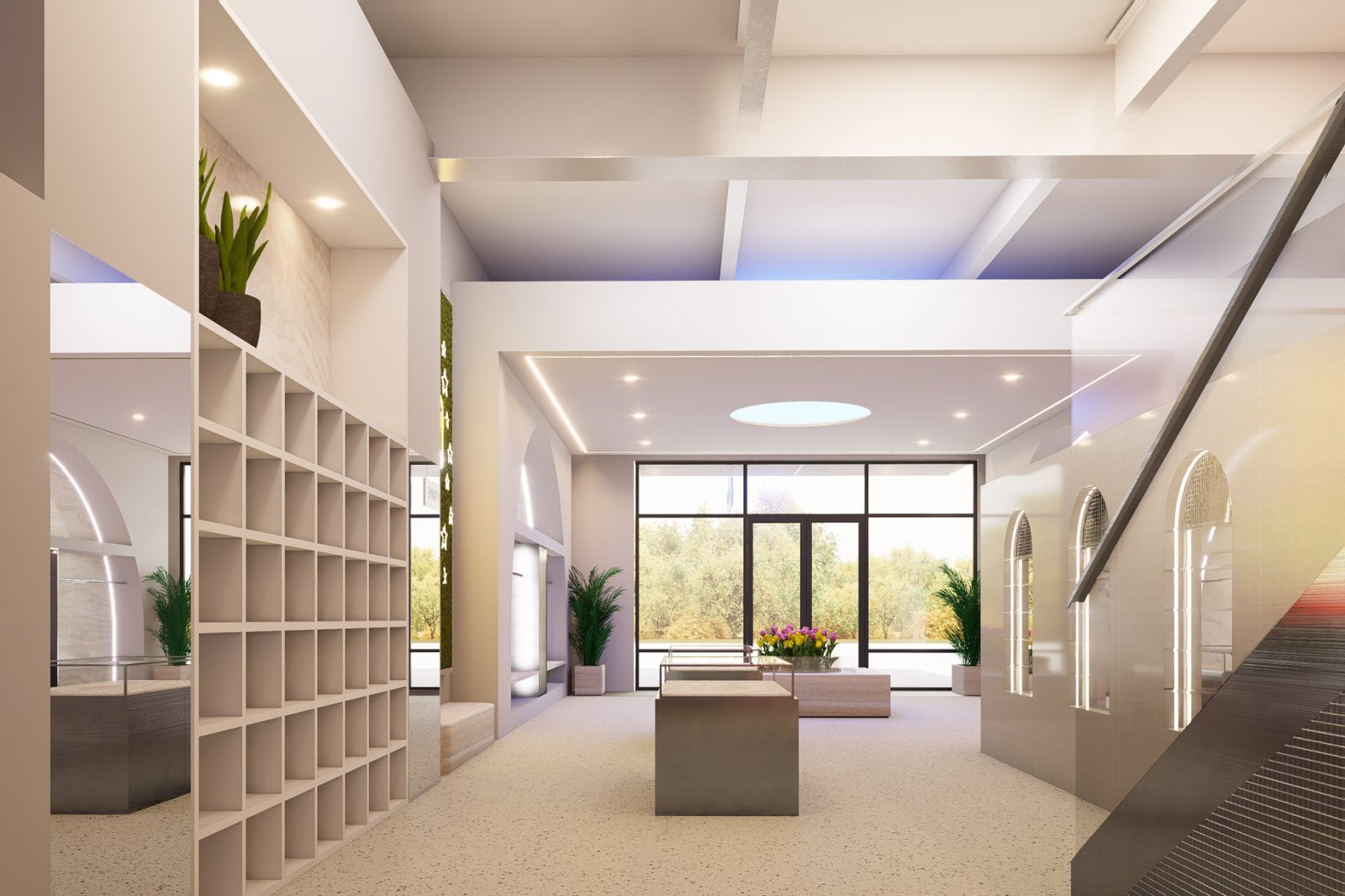 Modern bright interior lobby with sculptural shelving, indoor plants, arched windows, seating, and a central reception table.
