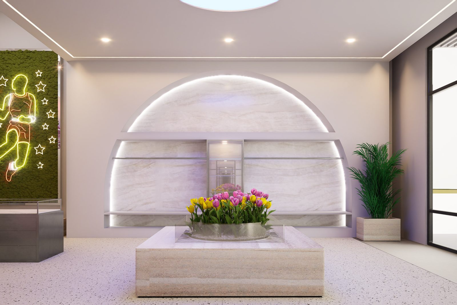 Modern lobby with a marble reception desk, pink and yellow tulips, illuminated arched wall feature, neon artwork, and potted palm