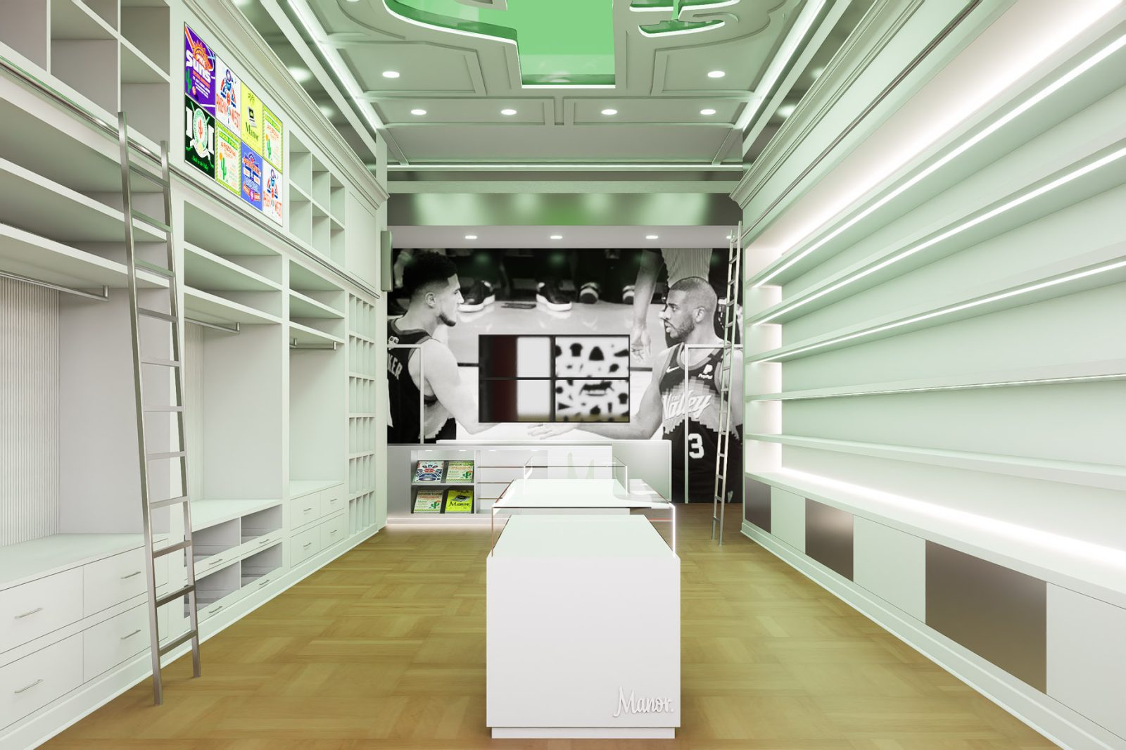 Manor retail store interior with illuminated white shelving, a central display counter, and a basketball-themed wall mural.