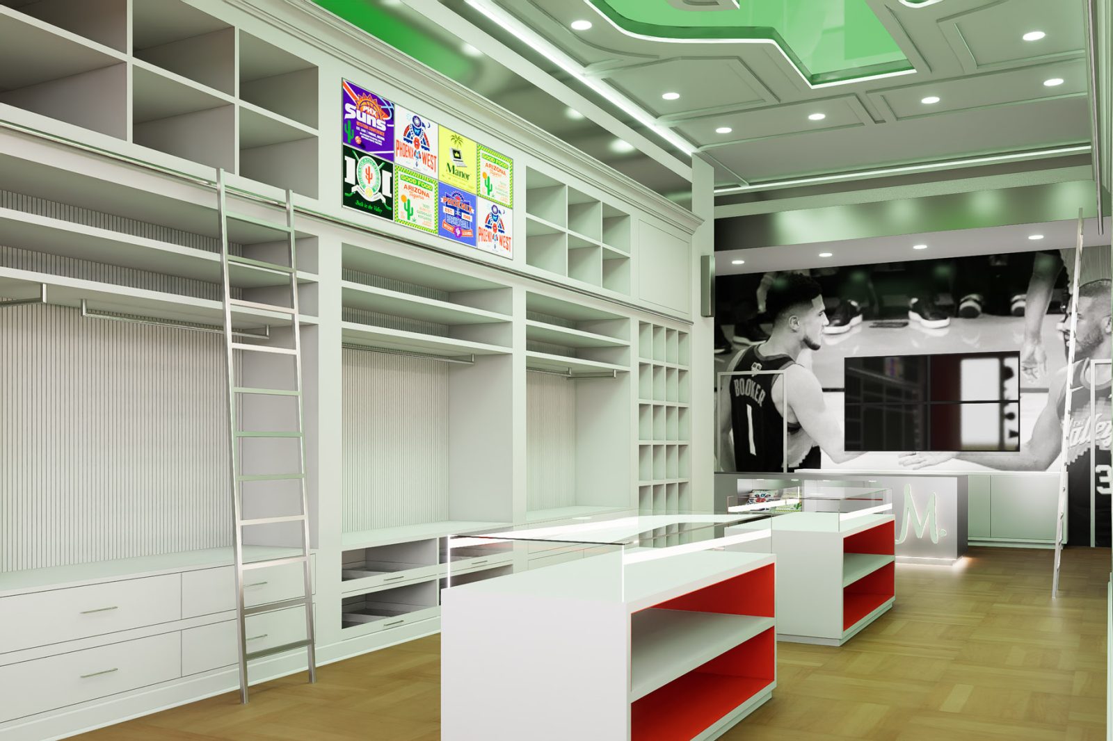 Modern white basketball locker room with wooden flooring, red-accented islands, team posters, and a large basketball mural featuring Devin Booker