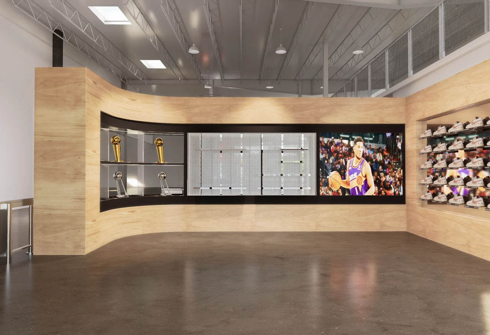 Basketball footwear store display with trophy cases, shoe shelves, and a large screen showing a basketball player in uniform.