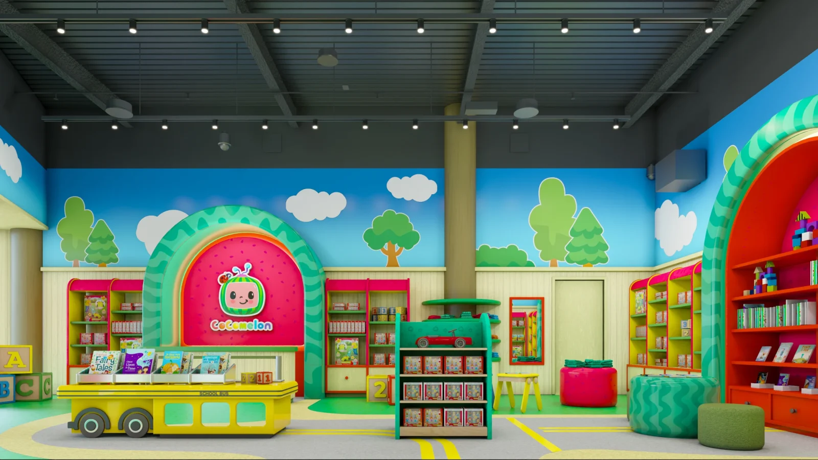 Colorful Cocomelon-themed children's library with bookshelves, a toy book cart, reading seats, and playful tree murals.
