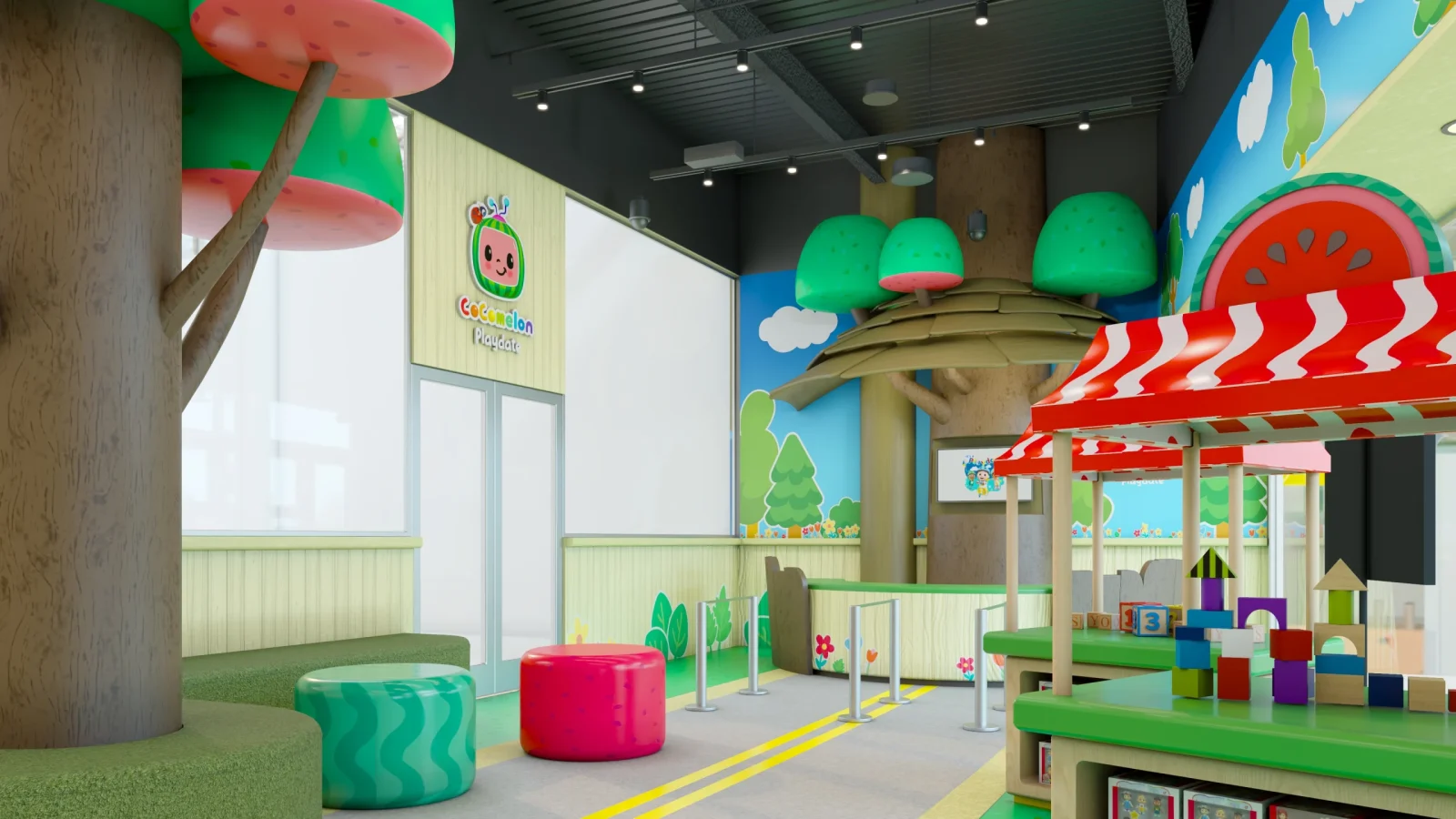 Colorful Cocomelon Playdate indoor play area with oversized mushroom trees, a red-and-white canopy, toy blocks, and child-sized furniture.