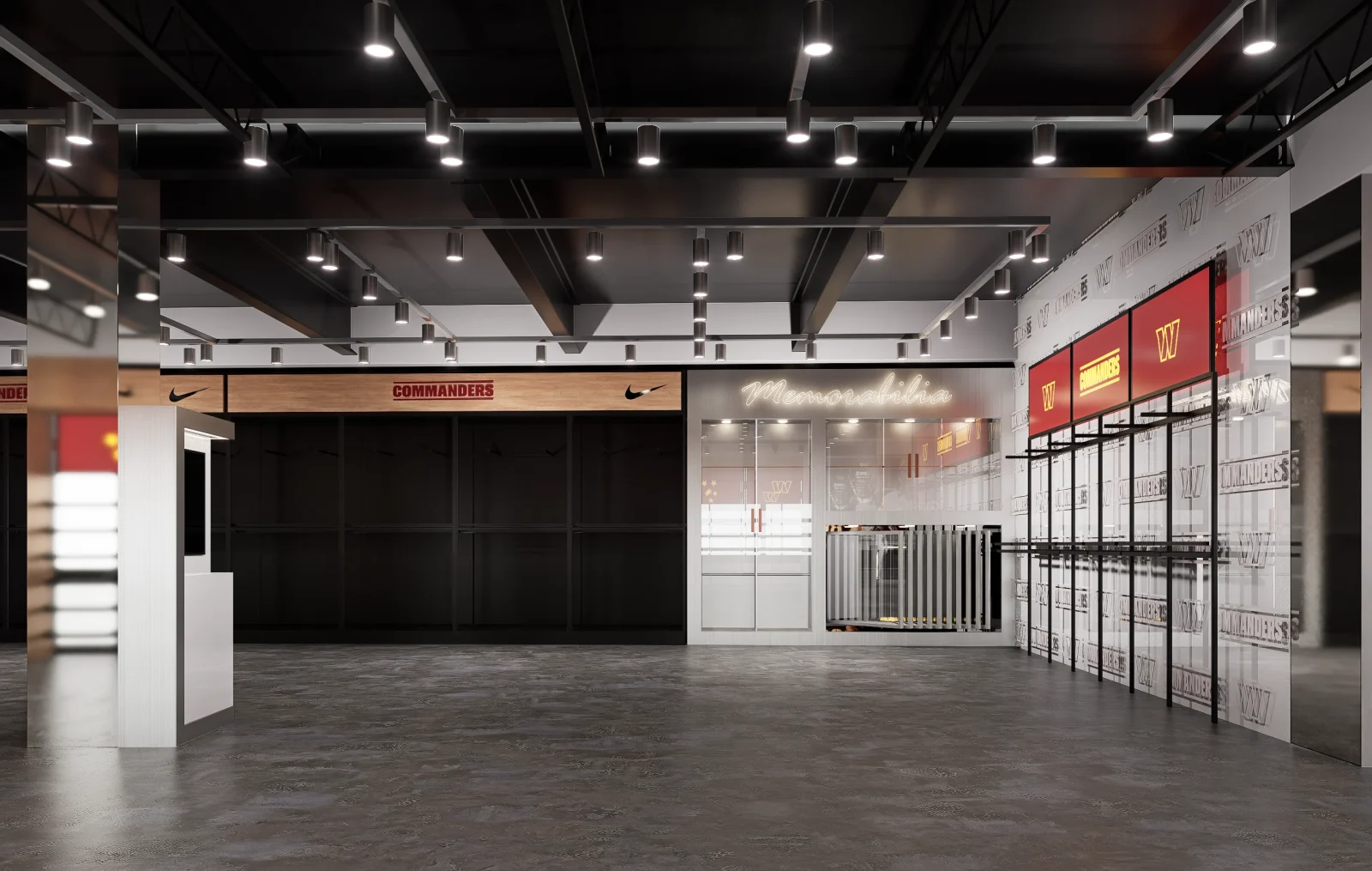 Interior rendering of a Washington Commanders team store with memorabilia displays, branded walls, and merchandise shelving.