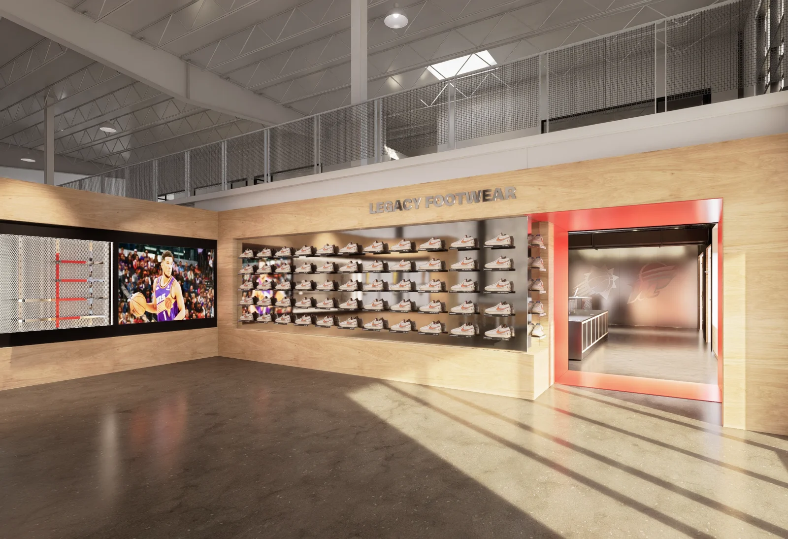 Retail footwear display labeled “LEGACY FOOTWEAR,” featuring rows of sneakers, a basketball video screen, and a red-framed entrance.