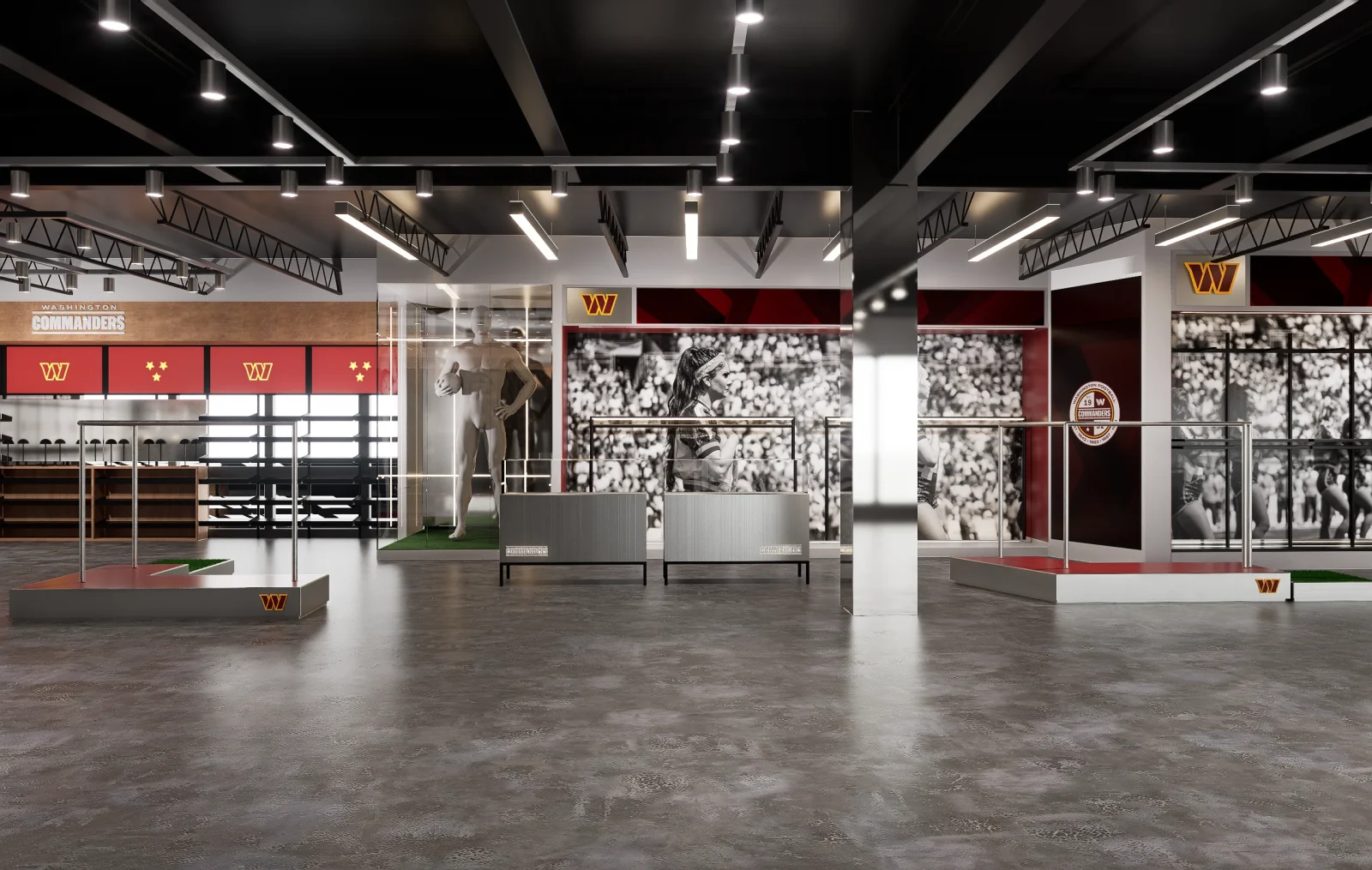 Interior rendering of a Washington Commanders team exhibit with football mannequin, memorabilia displays, red-and-gold W logos, and large player photographs.