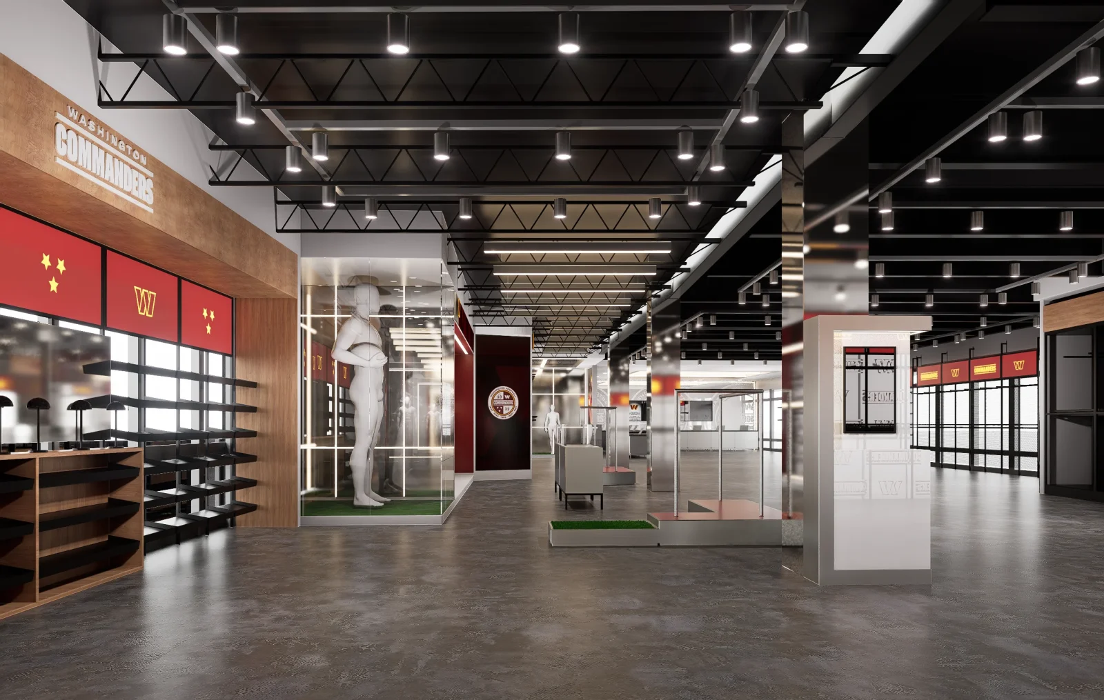Rendering of a Washington Commanders team store interior with red-and-gold displays, merchandise shelving, mannequins, and illuminated ceilings.